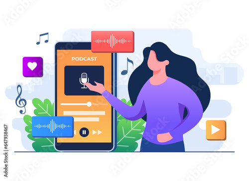 Female character listen to podcast on smartphone screen flat illustration vector template, Webinar concept, online course or tutorial, Radio, Webcast live, Streaming podcast, Online education