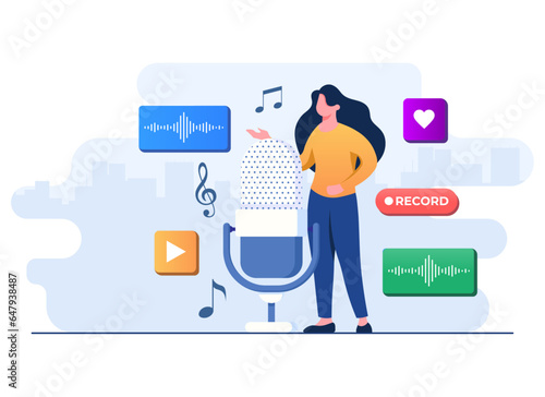 Female character talking to big microphone and recording a podcast, Recording audio voice flat illustration, Webcast live, Streaming podcast, Digital music stream, Online multimedia entertainment