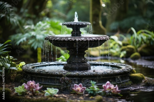 Intricately carved stone fountain in a tranquil garden, Generative AI