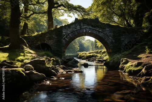 Serene stone bridge crossing over a calm river, surrounded by lush greenery, Generative AI