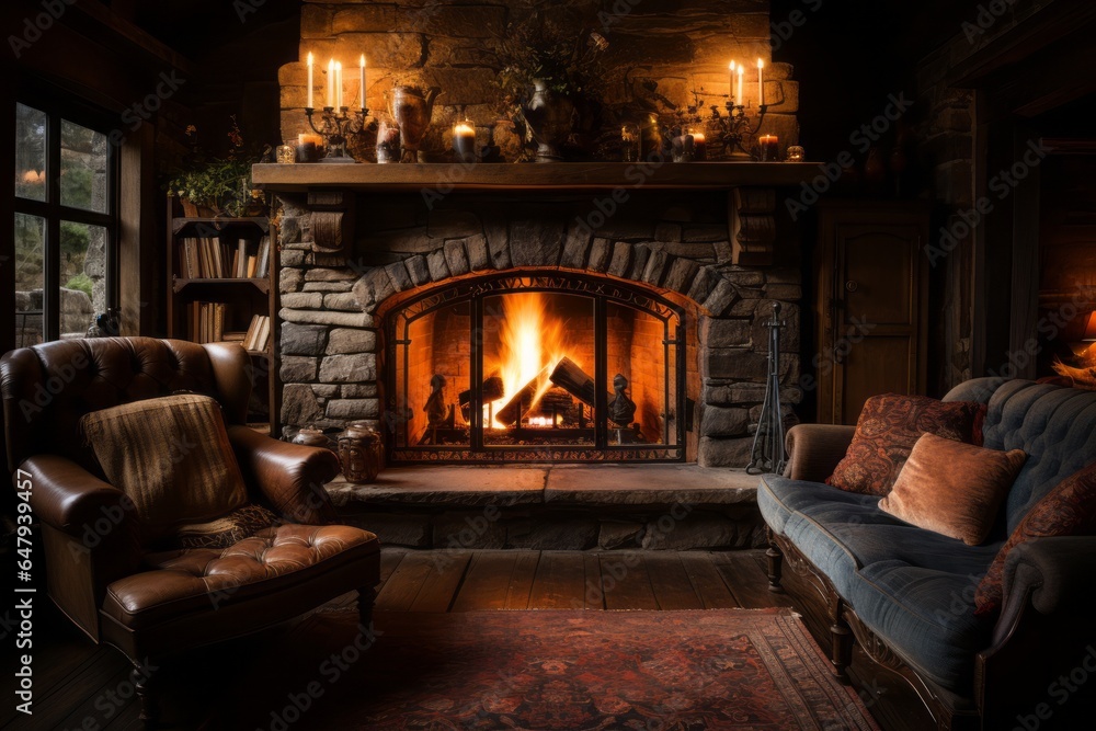 Stone fireplace in a cozy cabin, radiating warmth and comfort, Generative AI