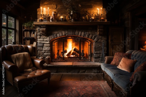 Stone fireplace in a cozy cabin, radiating warmth and comfort, Generative AI © Shooting Star Std