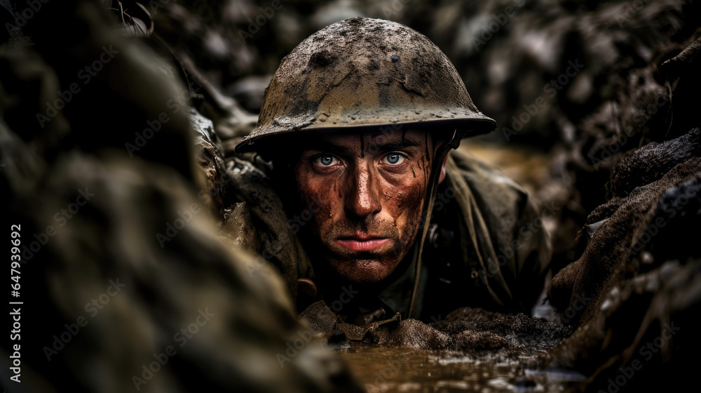 Soldier in a World War setting, peering into the camera from a dirt-filled trench