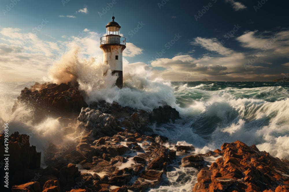 Stone lighthouse standing tall against crashing waves, a symbol of resilience, Generative AI