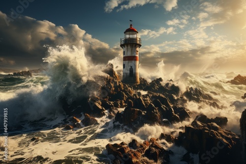 Stone lighthouse standing tall against crashing waves, a symbol of resilience, Generative AI