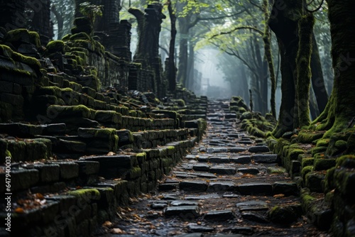 Stone pathway leading through a misty forest, hinting at hidden wonders, Generative AI 