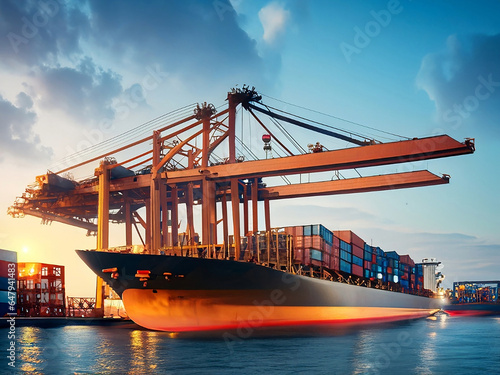 container ship docked at a busy port, symbolizing the interconnectedness of global trade. Generative AI