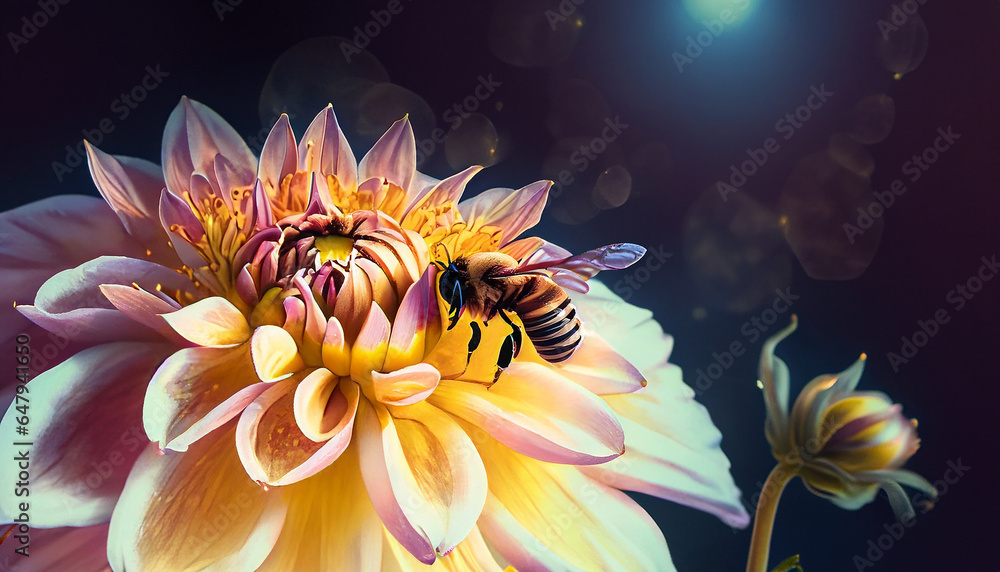 Fototapeta premium A bee sitting on a dahlia flower in the moonlight. Generative AI