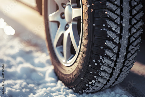 Close-up of a car wheel with winter tyre on the road