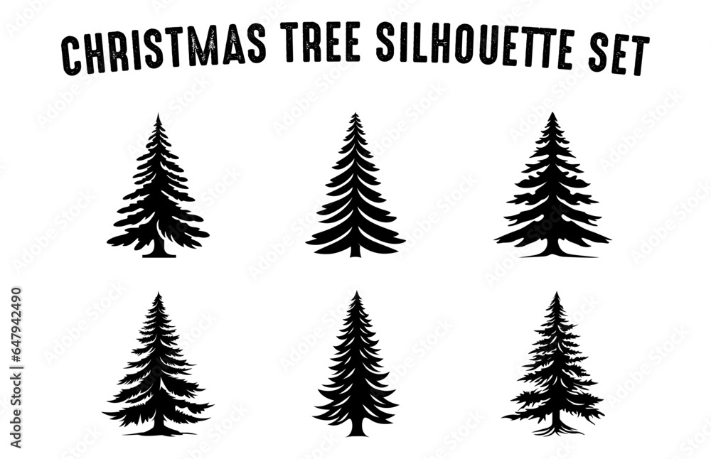 Set of Christmas Tree vector silhouettes, Xmas trees vector bundle, Christmas tree icons collection