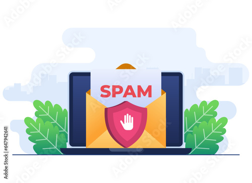 Spamming mailbox concept flat illustration vector template, Spam warning, Laptop with envelope and document, Warning, Security, 