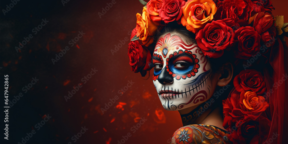 Mexico's Day of the Dead: Woman with Striking Sugar Skull Makeup. Mexico's Day of the Dead: Woman with Striking Sugar Skull Makeup.