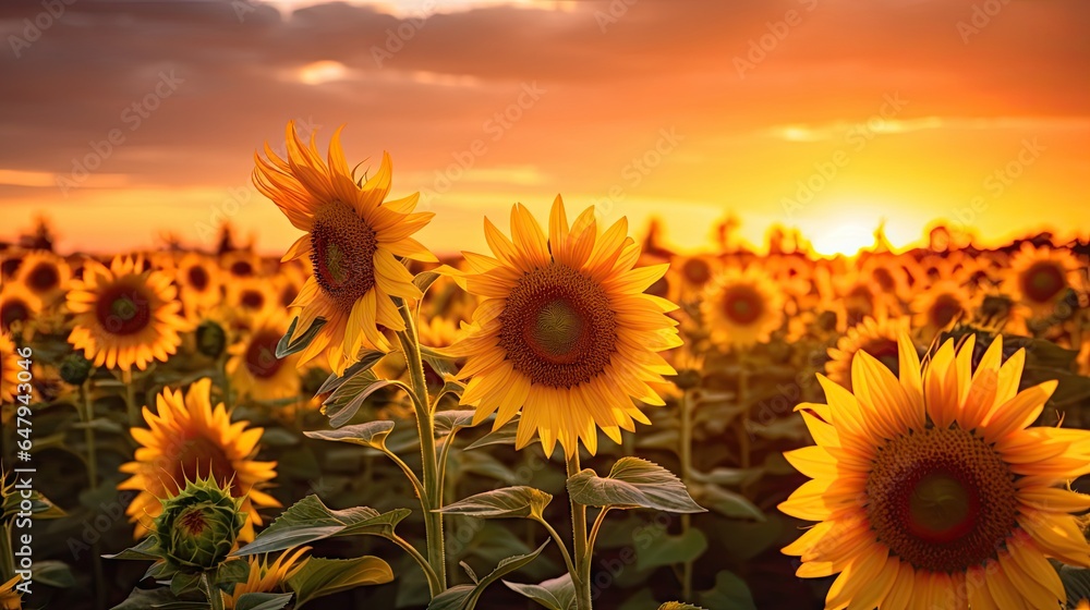 Fototapeta premium A field of sunflowers blooms beautifully in the golden light of sunset.