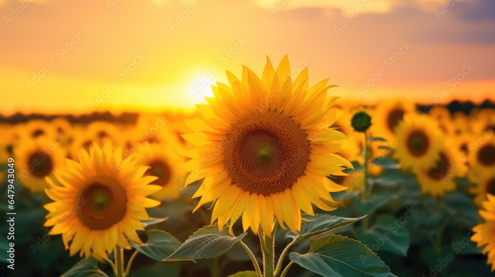Obraz premium A field of sunflowers blooms beautifully in the golden light of sunset.