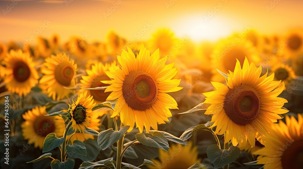 Fototapeta premium A field of sunflowers blooms beautifully in the golden light of sunset.