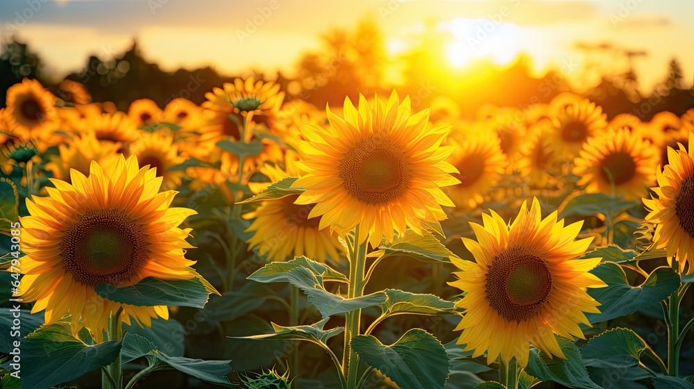 Obraz premium A field of sunflowers blooms beautifully in the golden light of sunset.
