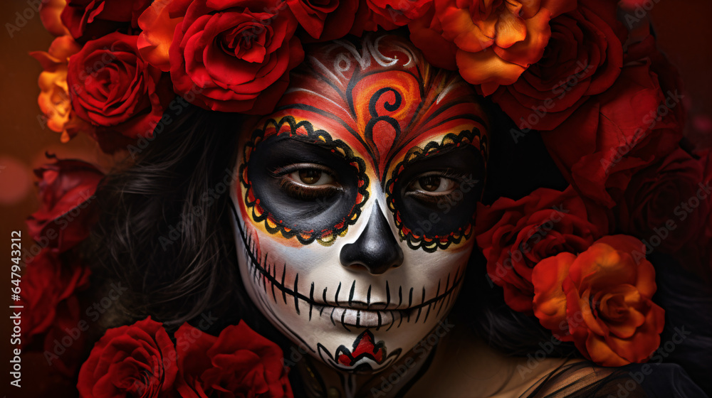 Calavera Catrina: Portrait of a sugar skull beauty in Mexico's Day of the Dead celebration..