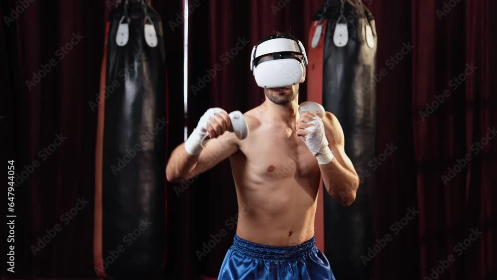 Boxer training utilizing VR technology or virtual reality, wearing VR
