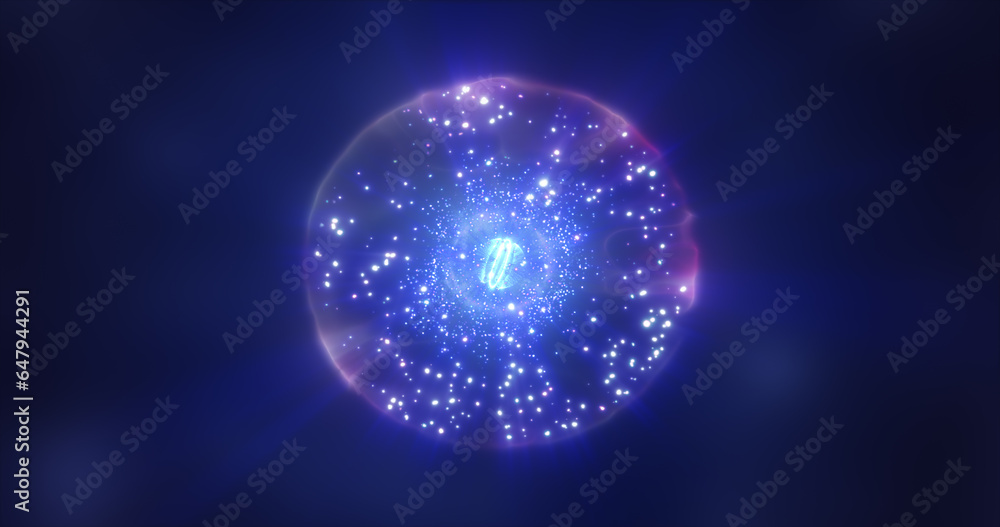 Abstract blue energy sphere with flying glowing bright particles, science futuristic atom with electrons hi-tech background Abstract blue energy sphere with flying glowing bright particles, science futuristic atom with electrons hi-tech background