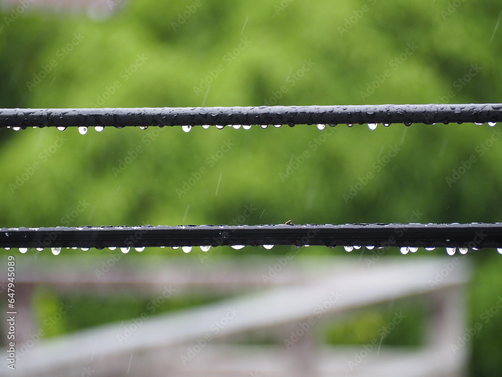 Raindrops beneath power lines in front of green blurred background. Raindrops beneath power lines in front of green blurred background.