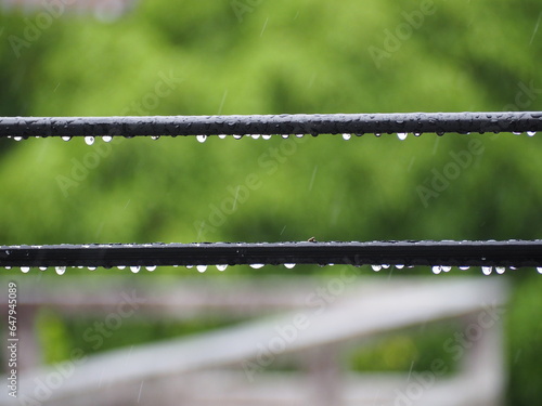 Raindrops beneath power lines in front of green blurred background.