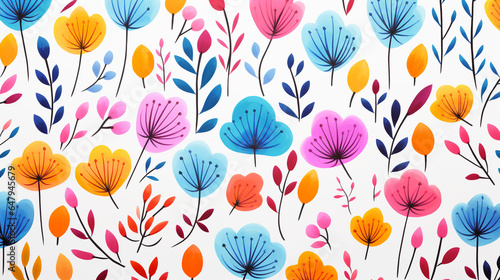 Floral pattern drawn by colorful markers  white background. Modified Generative Ai image.
