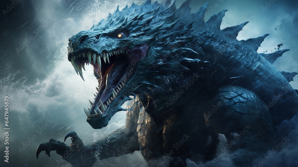 Intense kaiju like lizard monster in a violent ocean storm with thunder and lightning Intense kaiju like lizard monster in a violent ocean storm with thunder and lightning