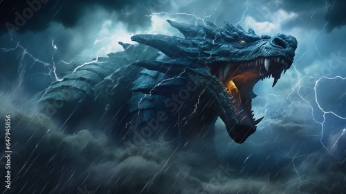 Intense kaiju like lizard monster in a violent ocean storm with thunder and lightning