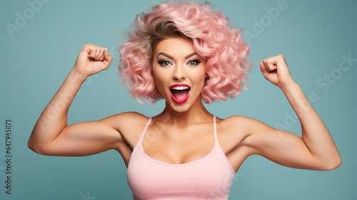 Beautiful and fit young woman poses against a pastel backdrop, flexing her biceps and letting out an empowering scream.