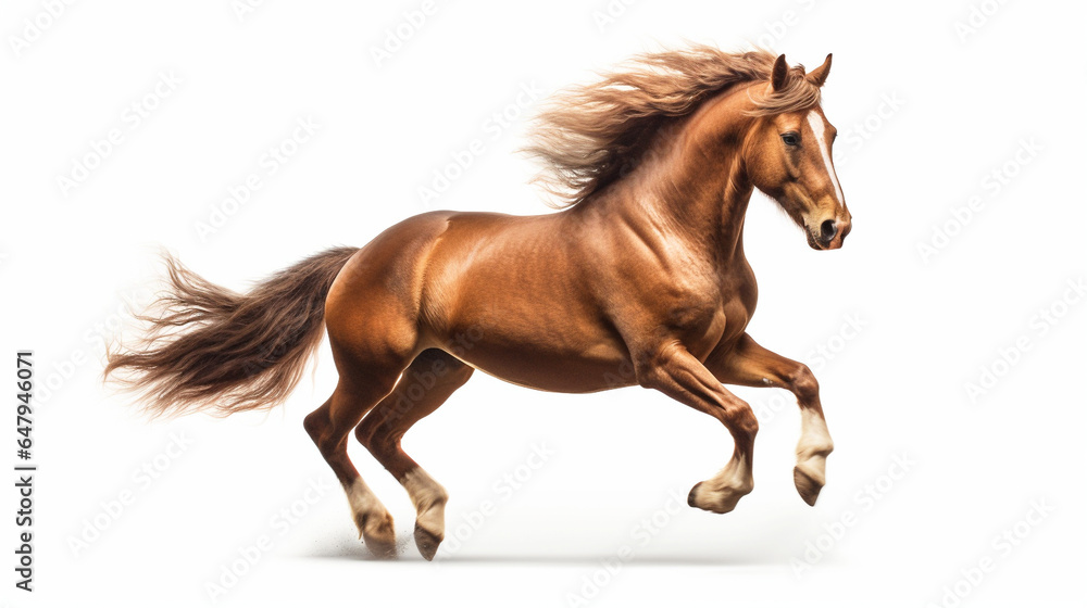 Running horse, side view, white background.
Modified Generative Ai image.