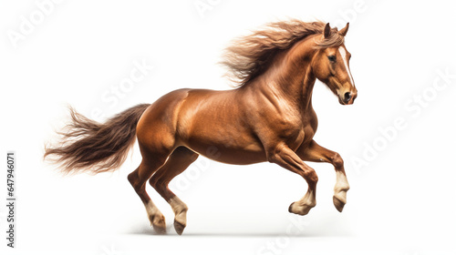 Running horse, side view, white background. Modified Generative Ai image.