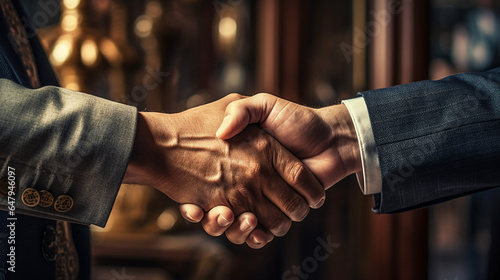 Scene of shaking hands, business men.
Modified Generative Ai image.