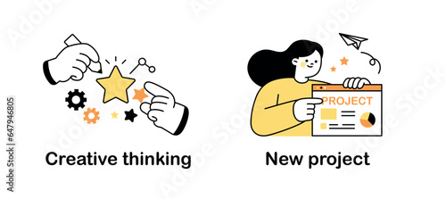 Collection of business freelance characters. A hand drawing a creative idea, a person receiving a new project in the mail.