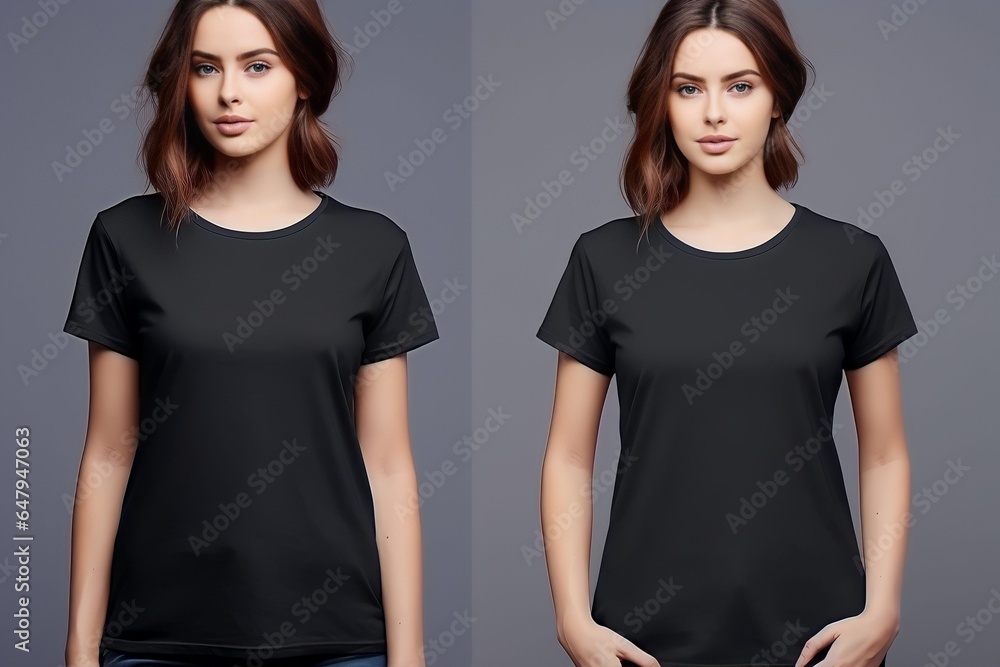 Young woman wearing black casual t-shirt. Side view, back and front view mockup template for print t-shirt design mockup - obrazy, fototapety, plakaty 