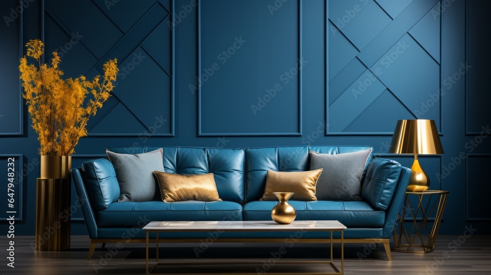 Design of a modern living room with a dark blue sofa and a blue wall ...