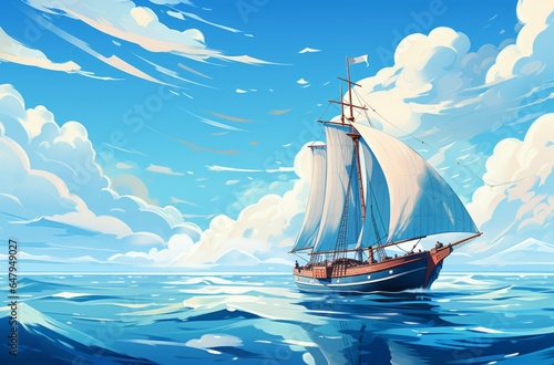 Illustration of a serene sailboat gliding through the vast and tranquil ocean created with Generative AI technology