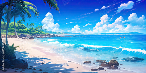 beach paradise tropical sands and sea background banner anime cartoon style, generated ai