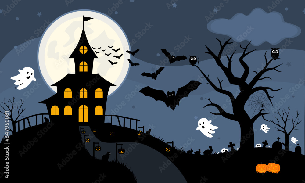 Midnight blue Halloween night background in flat design. Vector Halloween Illustration.
