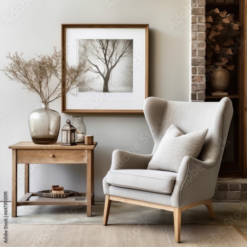 Neutral-toned room. Wingback armchair. Wooden side table. Framed tree art. Decorative vases. Brick accent details. Cozy  minimalist style.