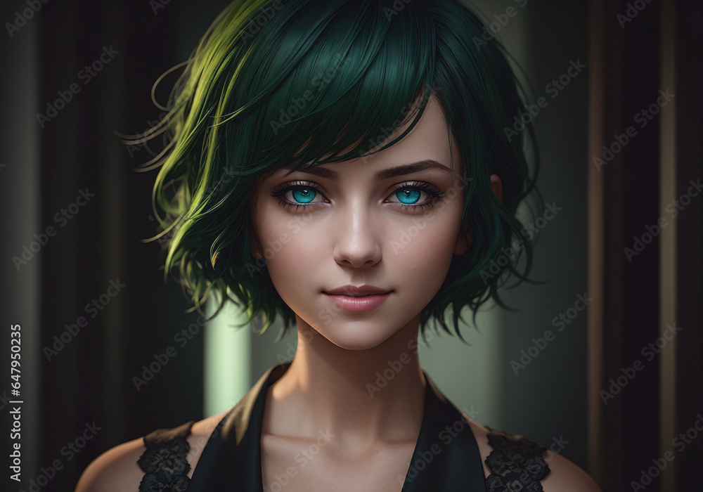Fototapeta premium Portrait of a beautiful young woman with green hair and green eyes
