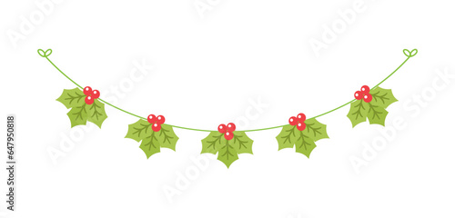 Hanging Mistletoe Garland Vector Illustration, Christmas Graphics Festive Winter Holiday Season Bunting