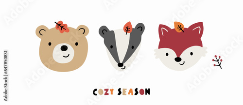Cute autumn woodland vector illustration. Cartoon bear, fox, badger, tree - illustration in flat style