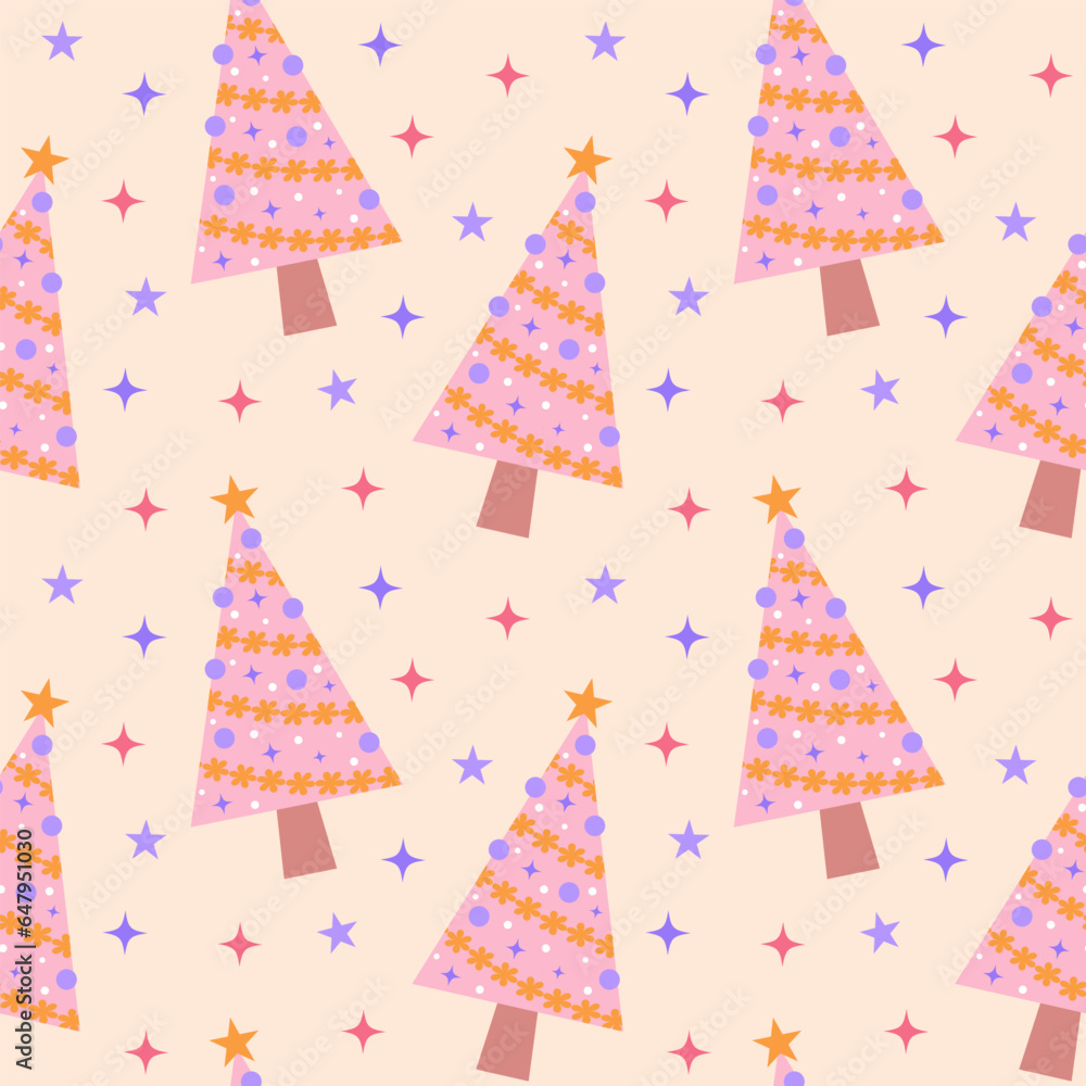 Pink christmas tree and stars seamless pattern. Winter holidays glamour decorative wrapping paper. Pink christmas tree and stars seamless pattern. Winter holidays glamour decorative wrapping paper.