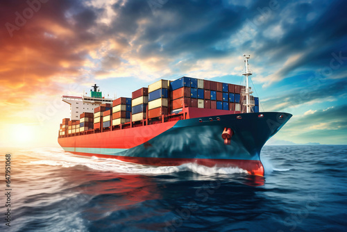 Global business logistics of import-export cargo. Cargo ship with sea containers on board in the port. Transportation of goods across the ocean. Ship with containers in the ocean.