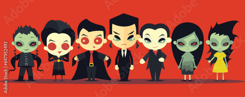 Cute and creepy vampires, monsters set vector banner illustration for Halloween. Adorable and spooky horror cartoon demonic characters doodle collection, isolated art