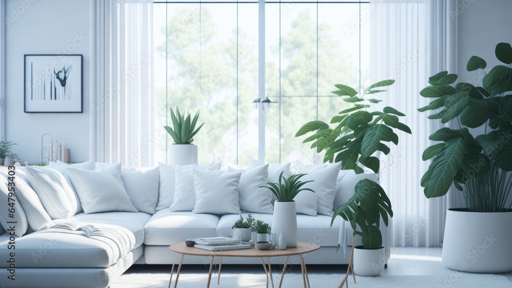 Minimalist home interior design of Asian style modern living room. Corner sofa with terra cotta pillows against grid window - obrazy, fototapety, plakaty 