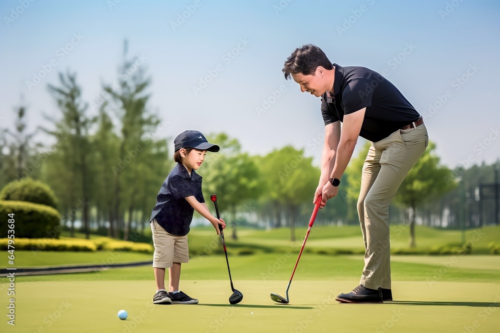 Asian Chinese child practicing golf at Driving Range guided by instructor