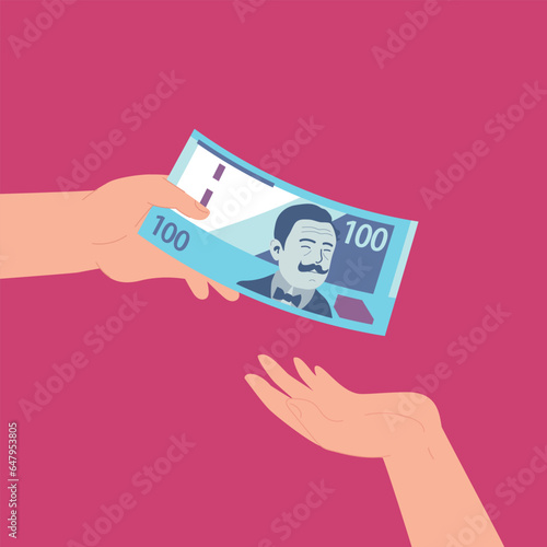 Mano Recibiendo 100 Soles de Otra Mano. Recibir Dinero. Pedir Prestado Dinero a un Amigo, Deuda y Préstamo, Pago de Incentivos o Bonificaciones, Concepto de Crédito o Préstamo.