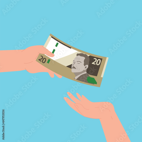 Mano Recibiendo 20 Soles de Otra Mano. Recibir Dinero. Pedir Prestado Dinero a un Amigo, Deuda y Préstamo, Pago de Incentivos o Bonificaciones, Concepto de Crédito o Préstamo.