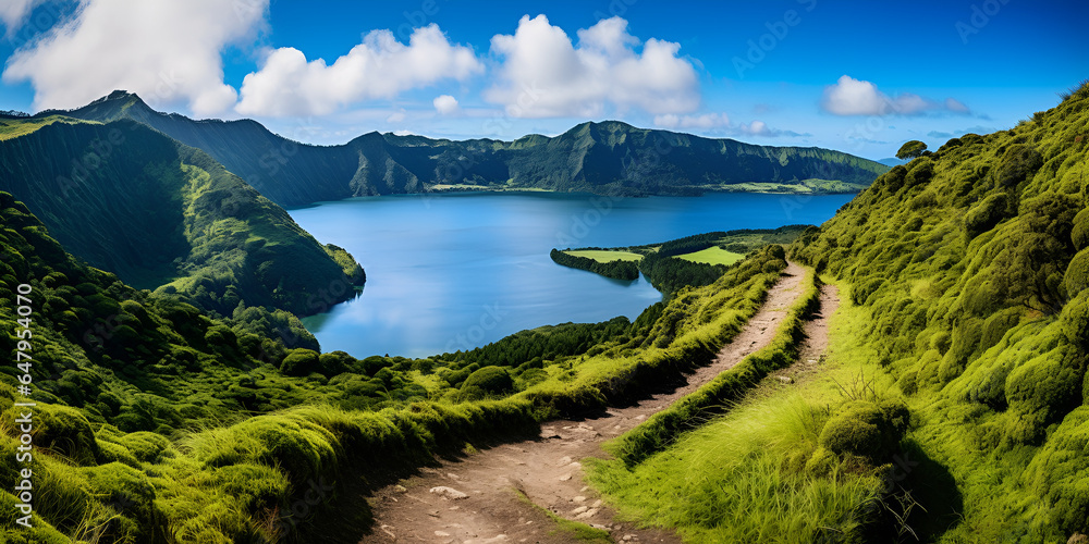 Scenic Path to Sete Cidades Lakes, Azores, Portugal,,,,,,
Nature Walk to Azores' Stunning Lakeside Vista
